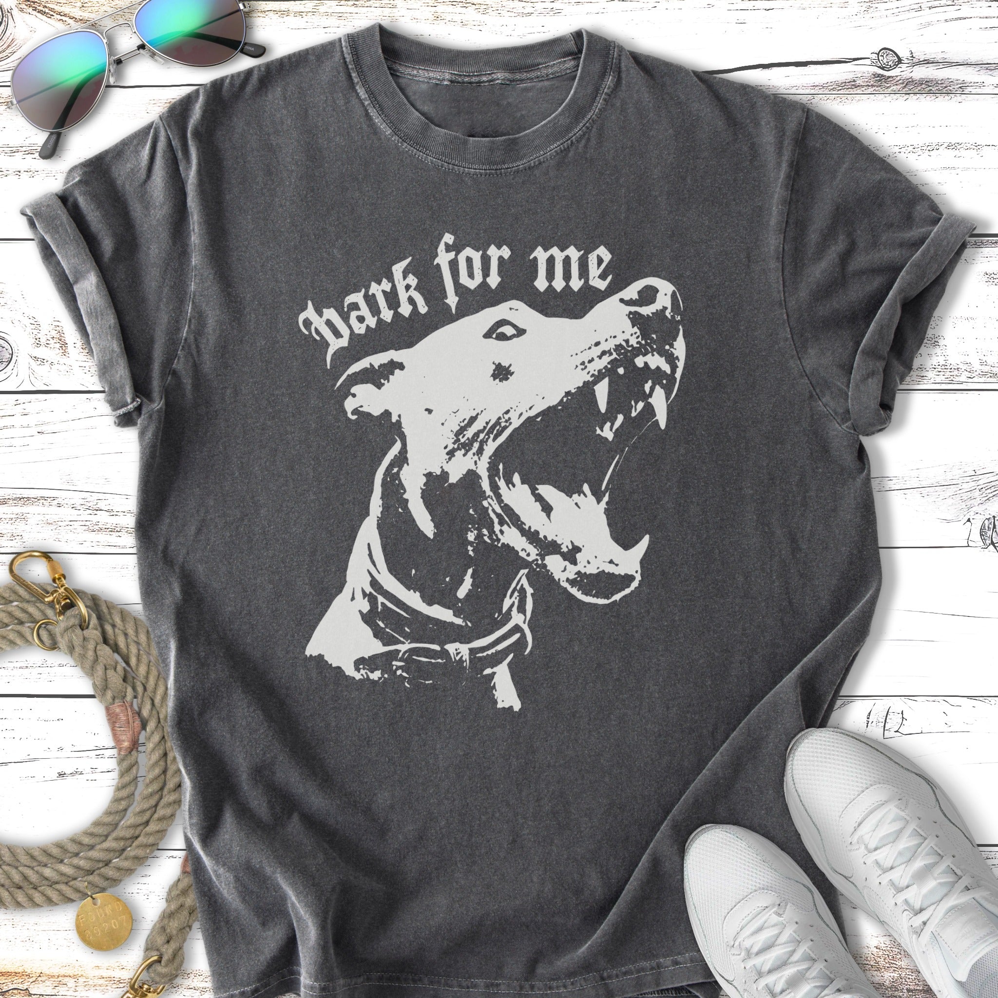 T-shirt with white barking dog graphic and "Bark for me" text.