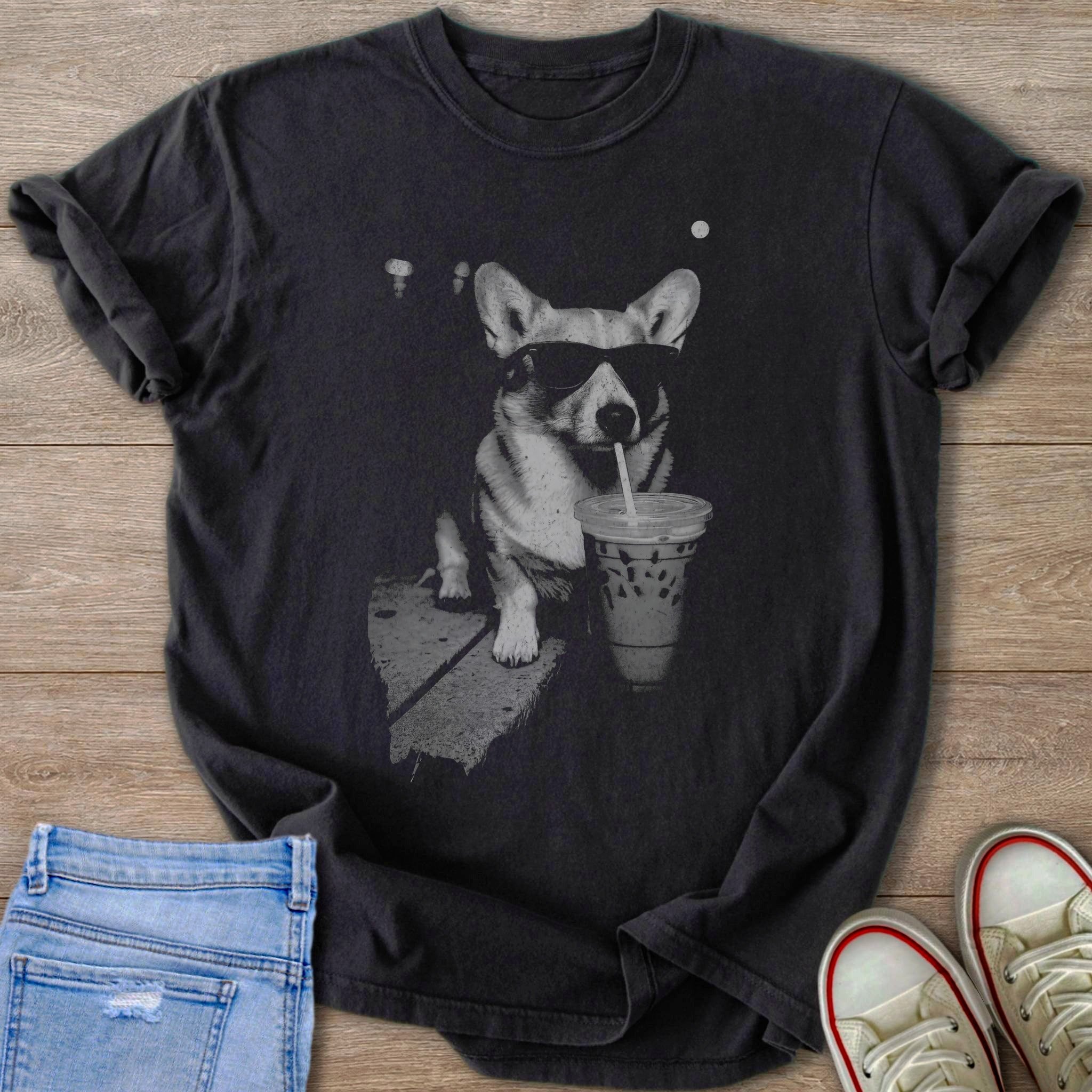 T-shirt with graphic of corgi wearing sunglasses drinking iced coffee.