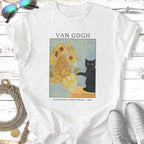 Van Gogh's Sunflowers with black cat, 1888, printed on a white t-shirt.
