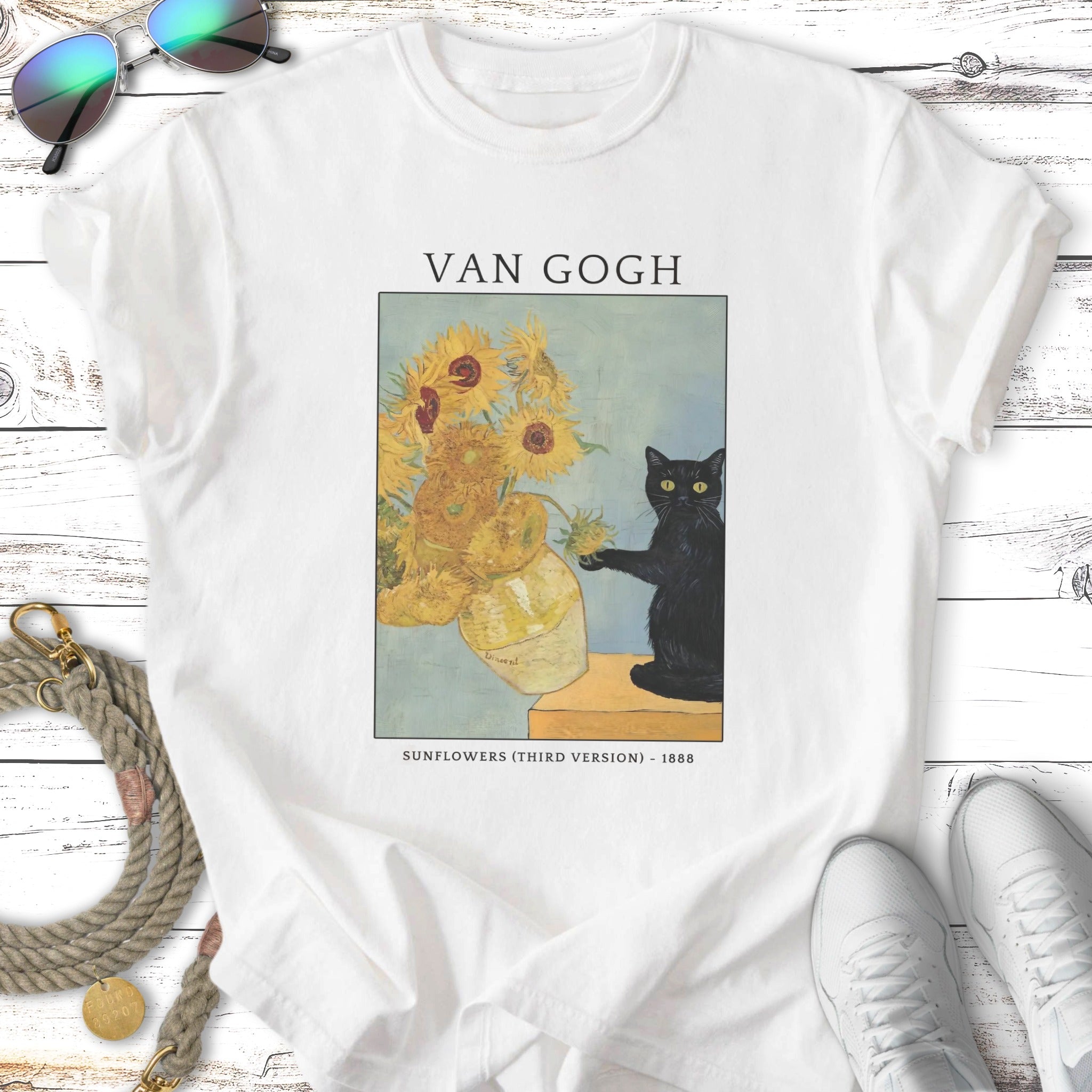 Van Gogh's Sunflowers with black cat, 1888, printed on a white t-shirt.