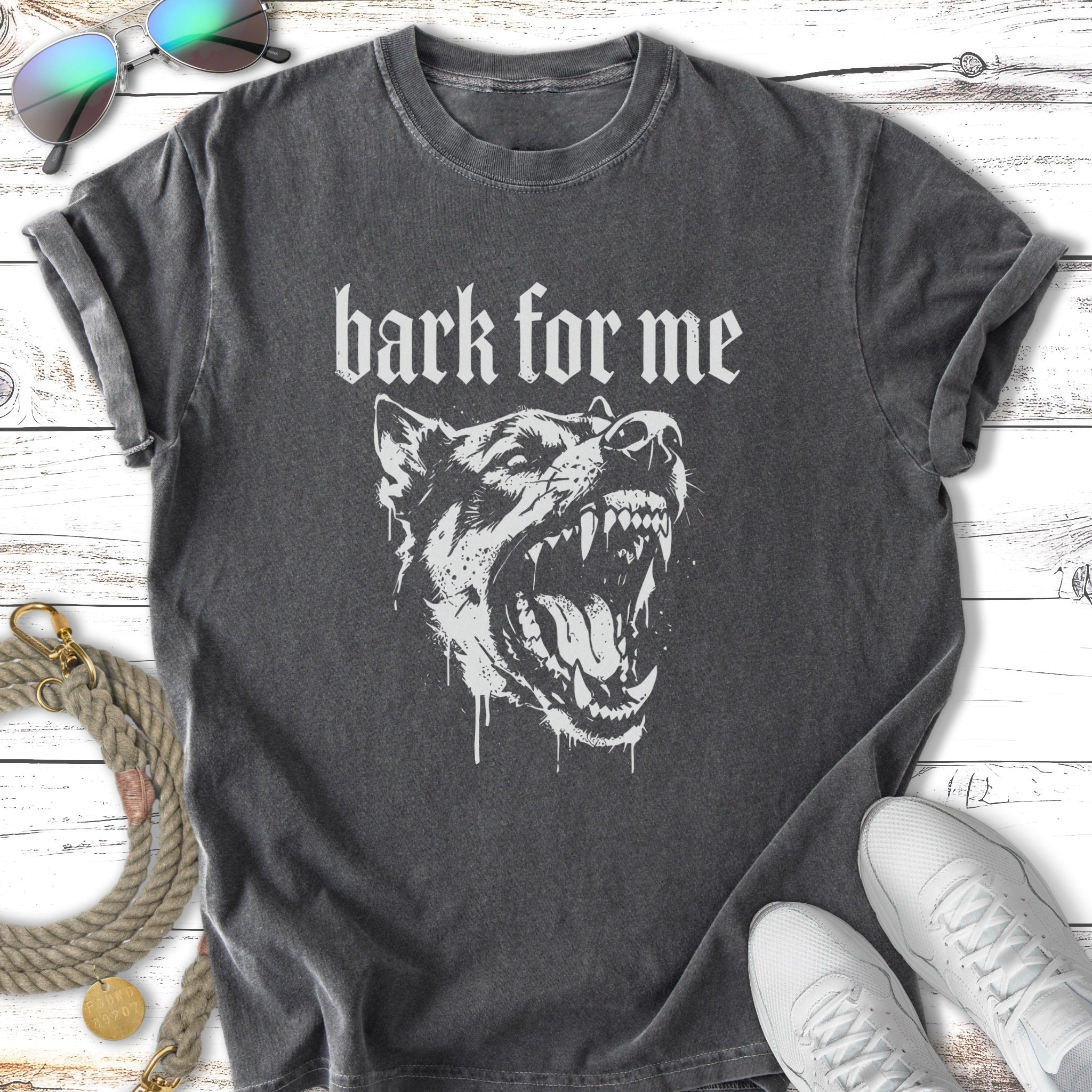 T-shirt with "bark for me" text and snarling dog graphic.