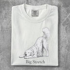 White t-shirt with a sketch of a dog stretching, text "Big Stretch" below.