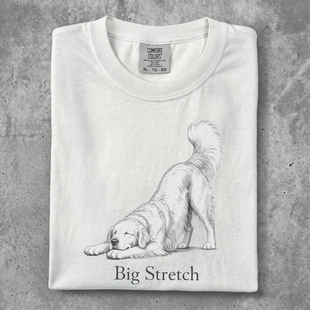 White t-shirt with a sketch of a dog stretching, text "Big Stretch" below.