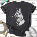 T-shirt with a black and white sketch of a German Shepherd's head.