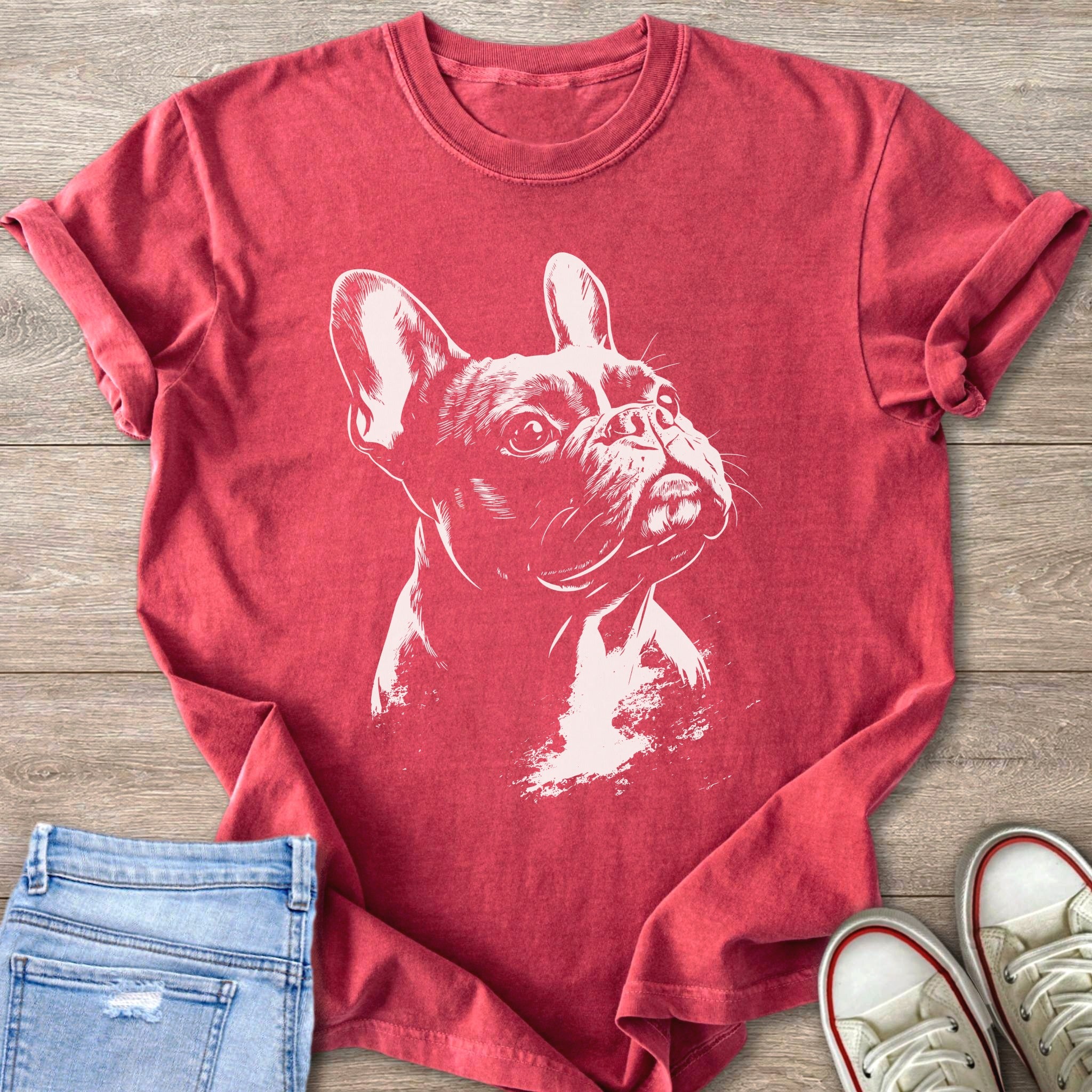 Red t-shirt with a white sketch of a French bulldog's head.
