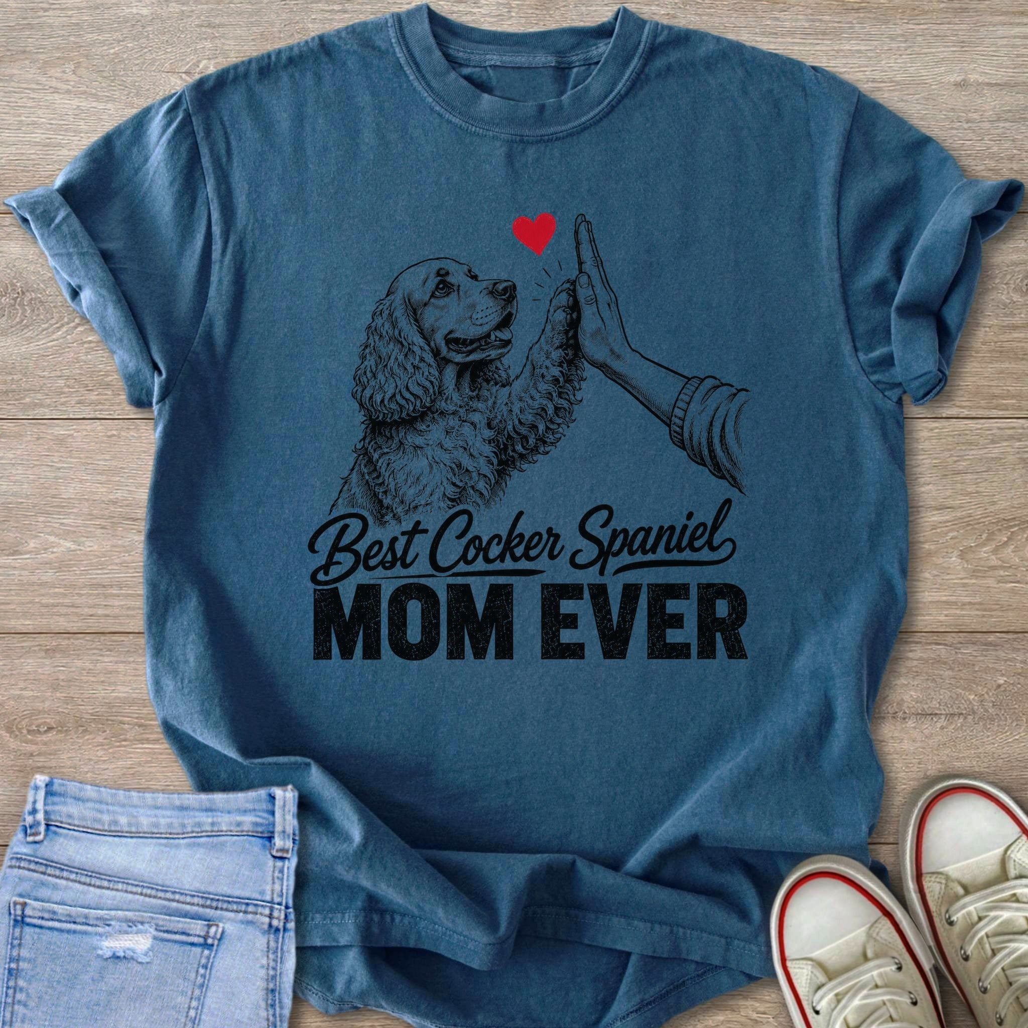 Blue t-shirt with black drawing of Cocker Spaniel giving high-five and text "Best Cocker Spaniel MOM EVER".