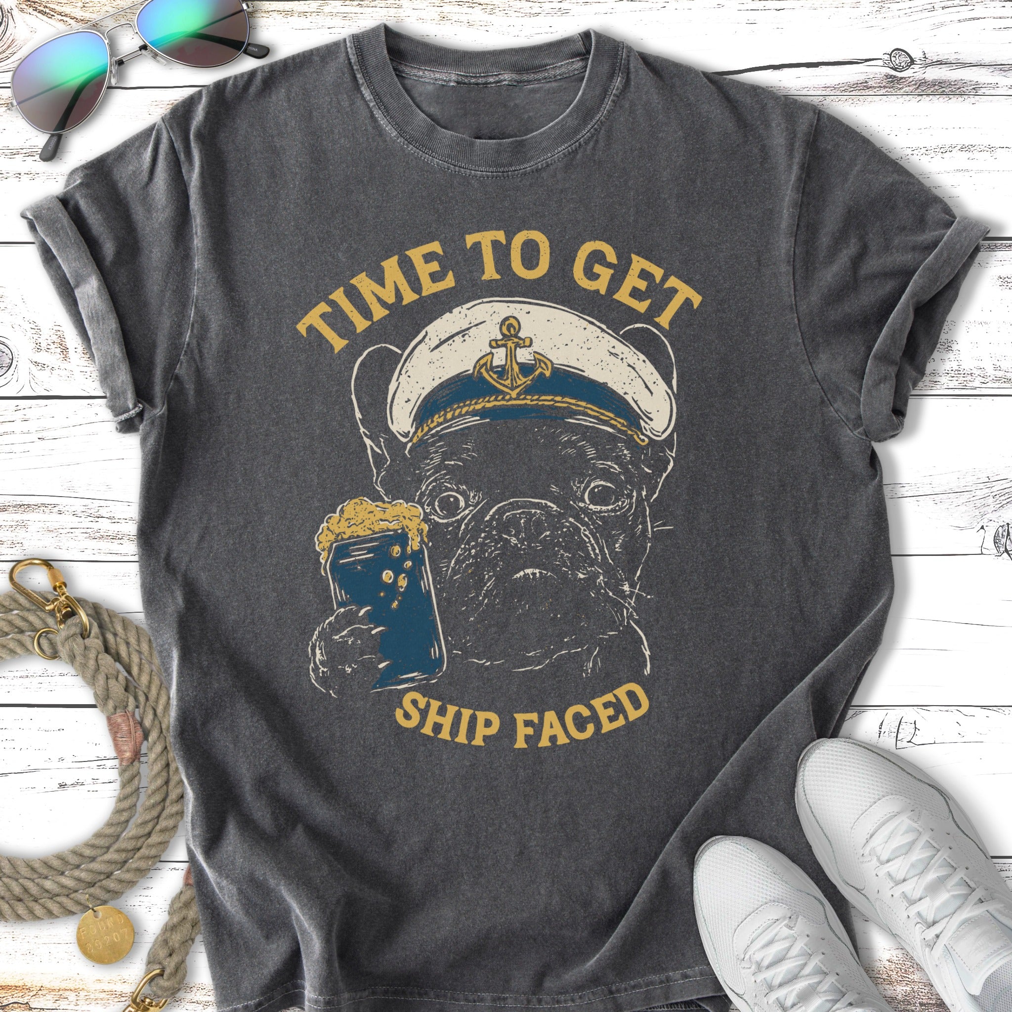 French bulldog in captain's hat holding beer with "Time to Get Ship Faced" text.