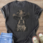 Boston terrier in cowboy hat sips drink from cup with straw.