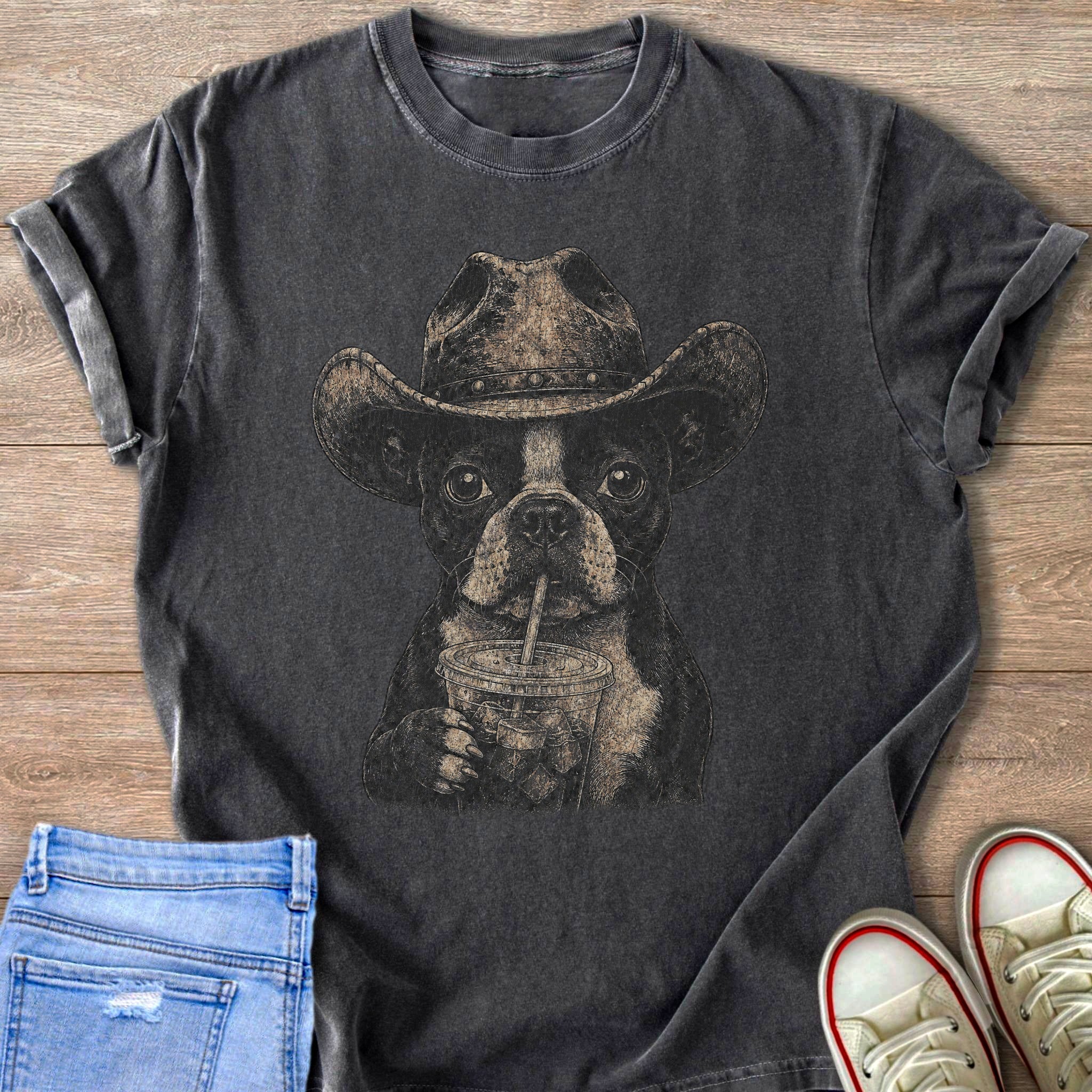 Boston terrier in cowboy hat sips drink from cup with straw.