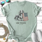 Dachshund holding American flag with text "250 YEARS 1776-2026".