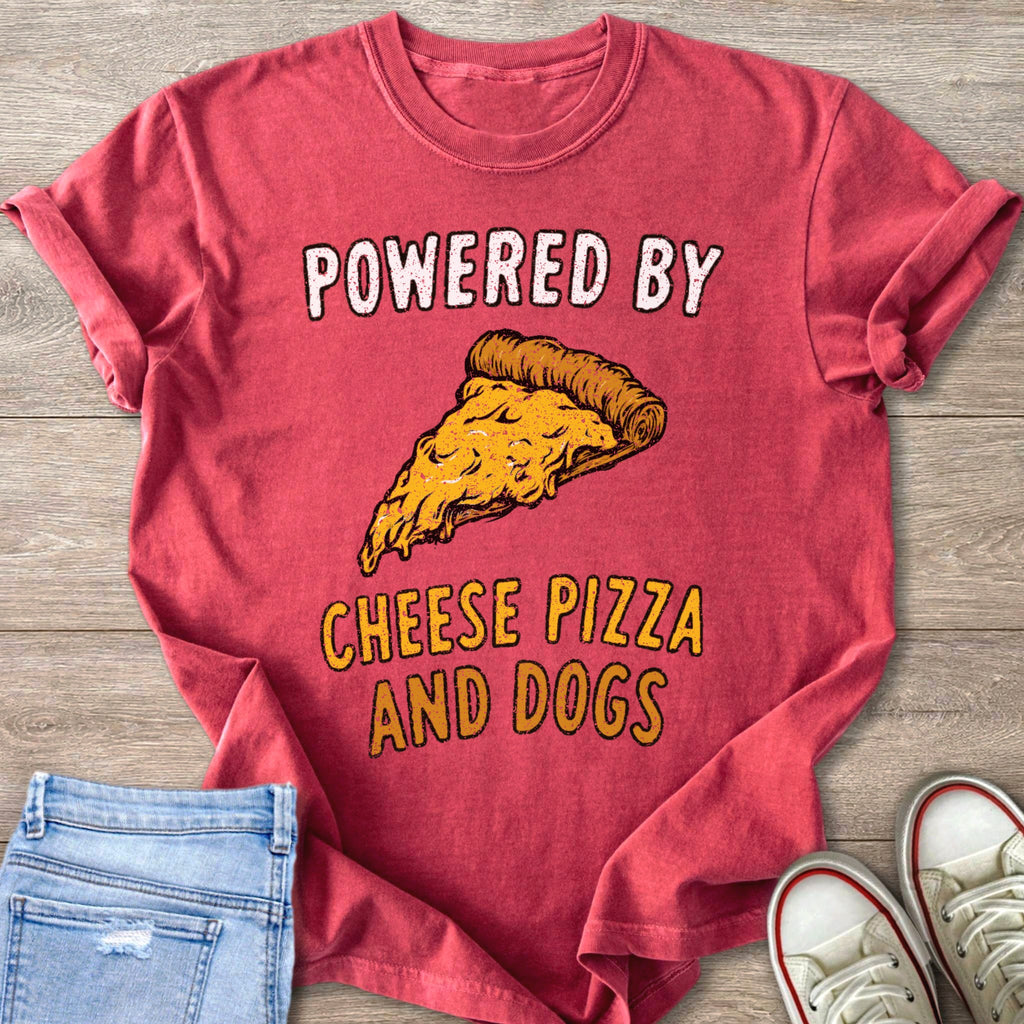 Red t-shirt with "Powered by cheese pizza and dogs" text and pizza slice graphic.