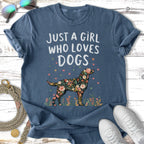 T-shirt with floral dog design and text "Just a girl who loves dogs".