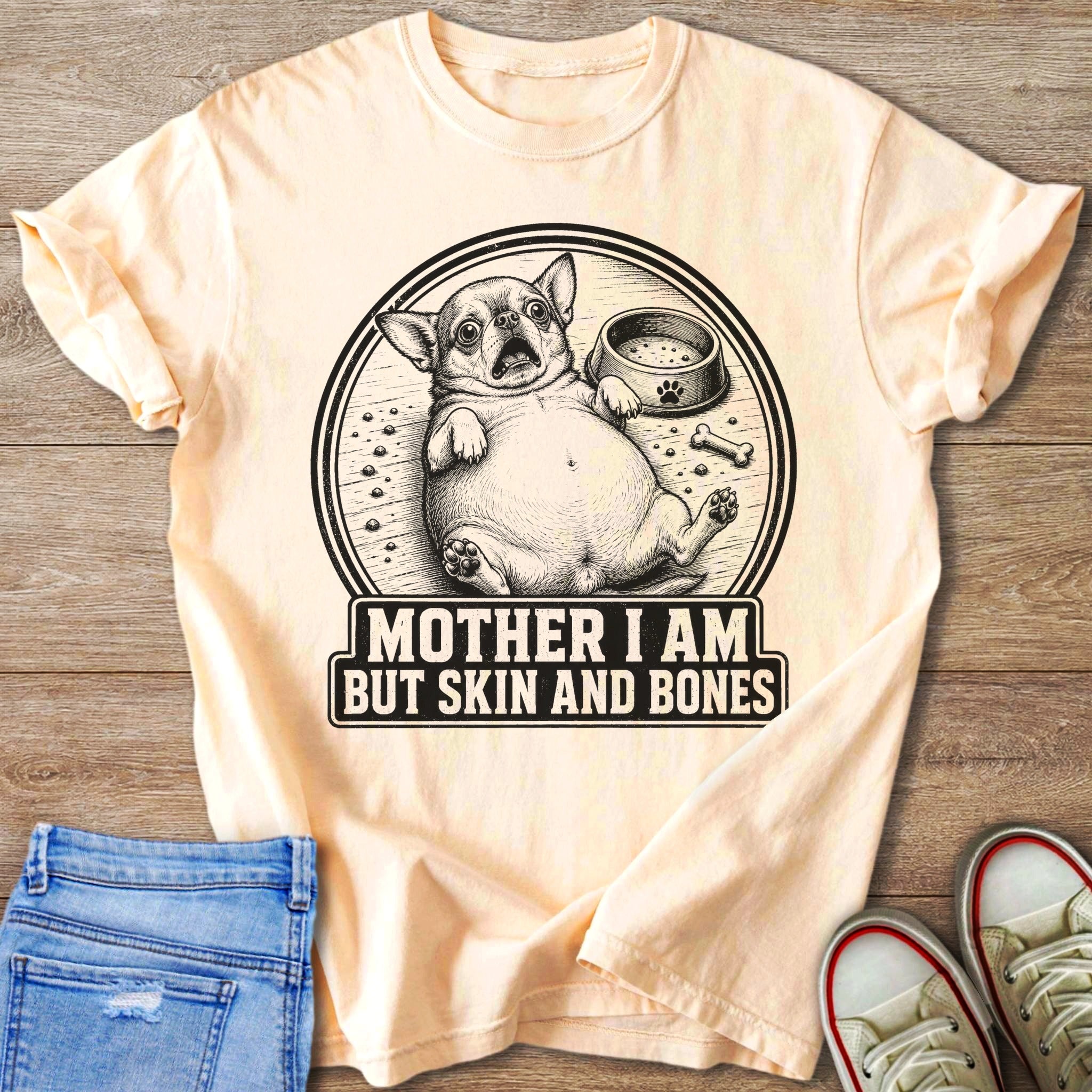 Peach t-shirt with a distressed graphic of a chihuahua and text "MOTHER I AM BUT SKIN AND BONES".