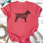 Crimson t-shirt with "PIT MOM" silhouette of a pit bull dog.