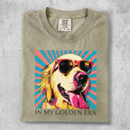 Golden retriever wearing sunglasses and a colorful background with text.