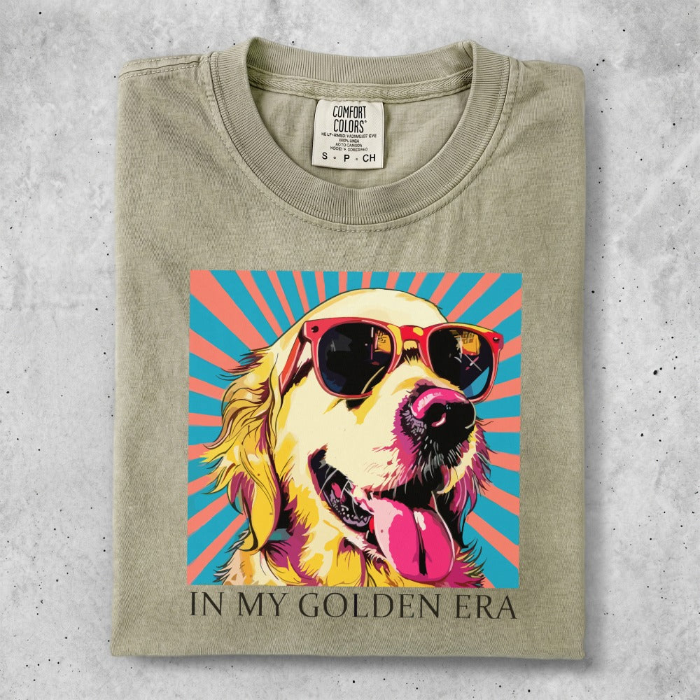 Golden retriever wearing sunglasses and a colorful background with text.