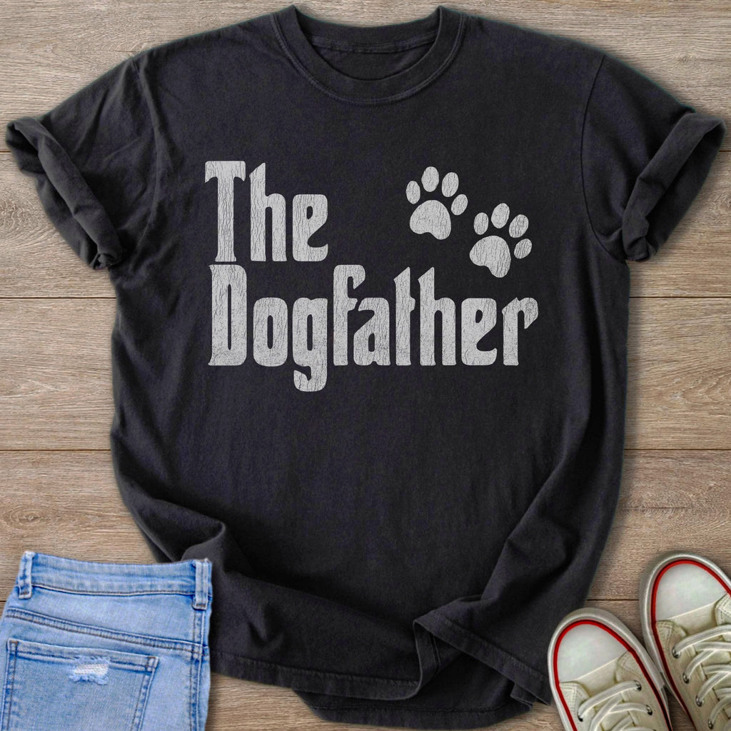 Black t-shirt with "The Dogfather" text and paw prints.