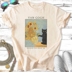 Van Gogh's Sunflowers painting on a cream t-shirt with a black cat.