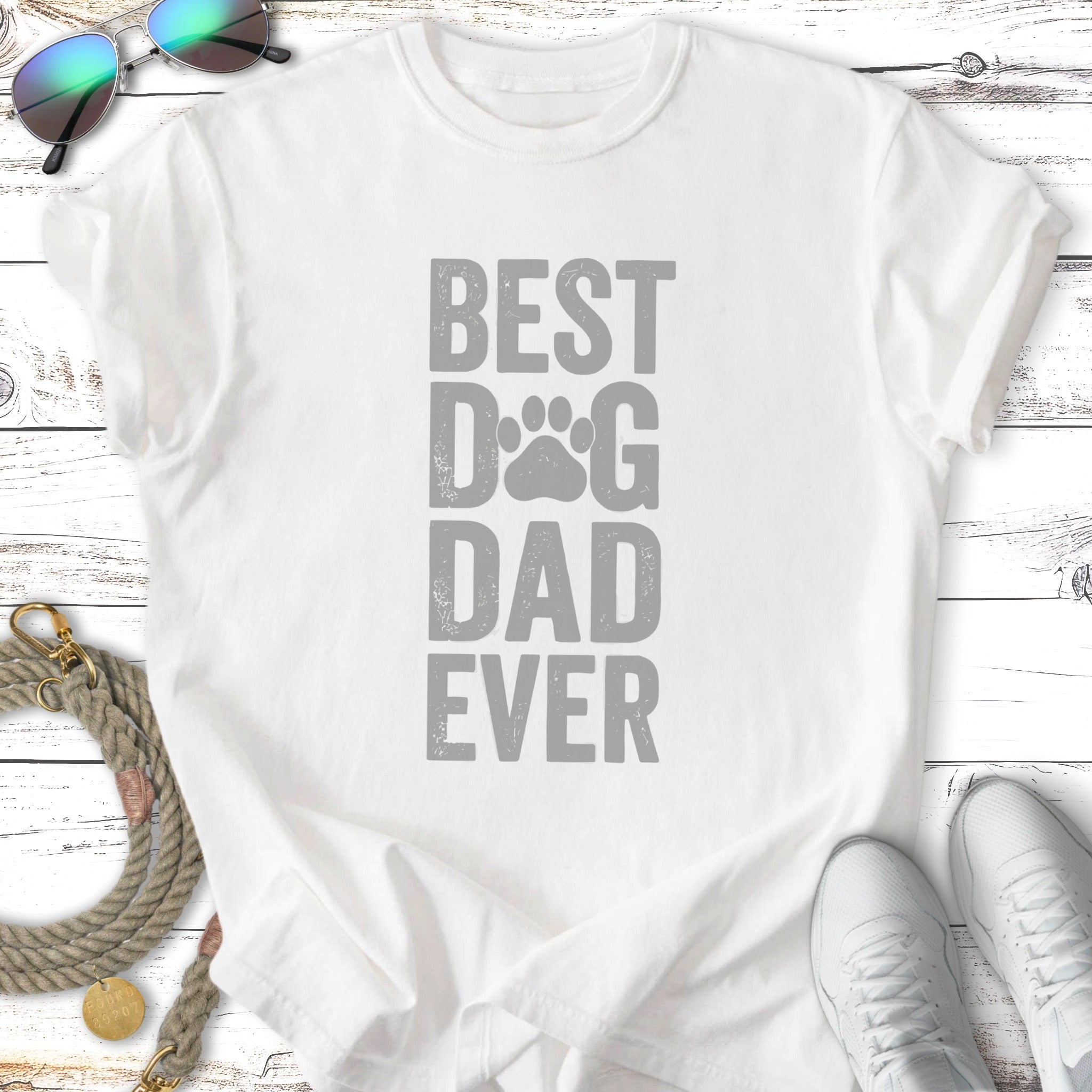 White t-shirt with "BEST DOG DAD EVER" in gray text.