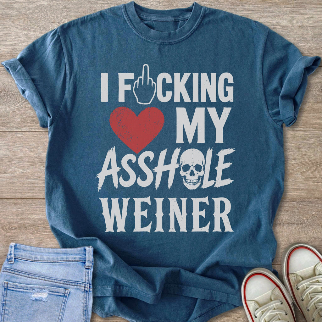 Blue t-shirt with white text and graphics saying "I Fucking My Weiner" with a skull.