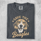 T-shirt featuring a beagle illustration and the text "Save the Beagles".
