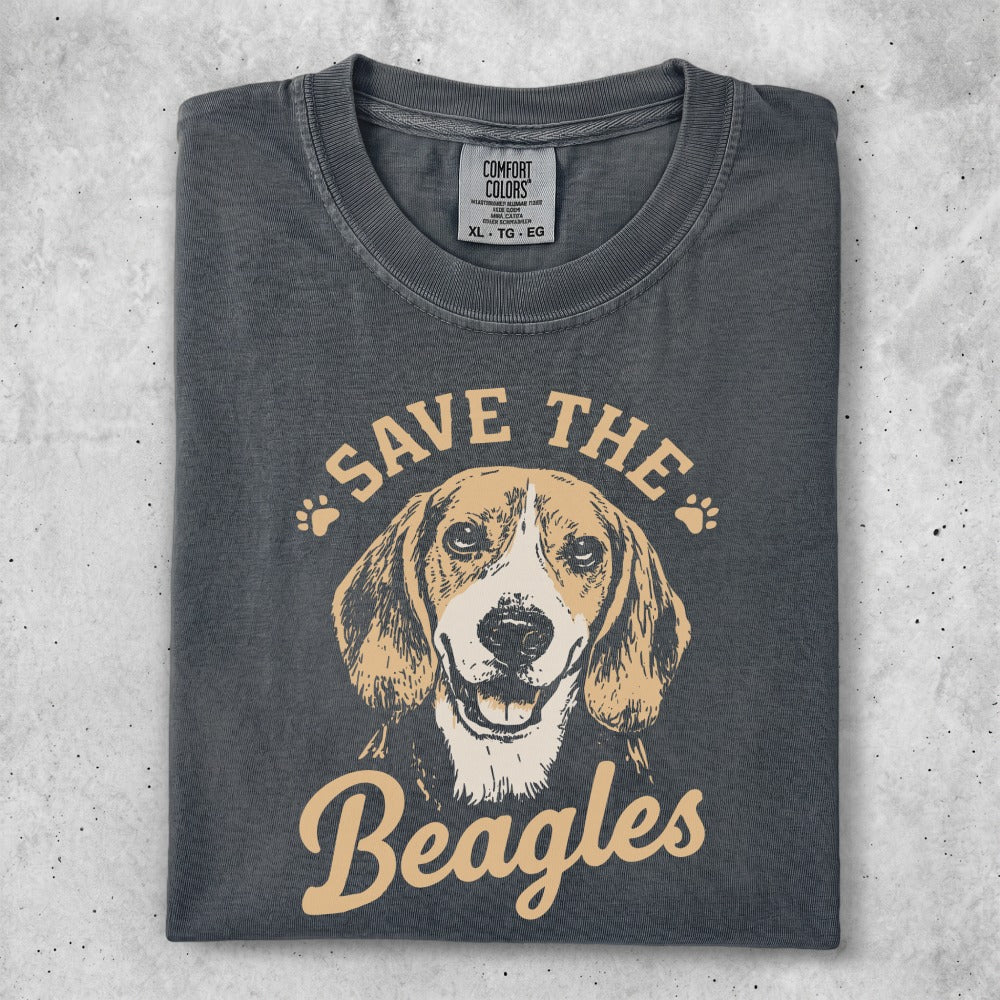 T-shirt featuring a beagle illustration and the text "Save the Beagles".