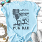 Light blue t-shirt with a distressed American flag and a pug, text reads "PUG DAD".