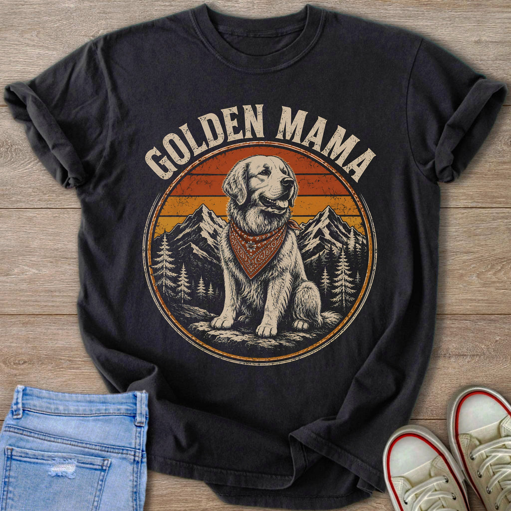 Golden Mama text above a seated golden retriever wearing a bandana in a circular mountain scene.