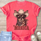 Shirt with dog wearing cowboy hat, sunglasses, and American flag bandana.