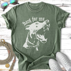 Green t-shirt with distressed white graphic of a dog's head and "Bark for me" text.