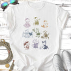 T-shirt graphic of nine different vintage kittens in various playful activities.