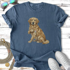 Blue t-shirt with golden retriever puppy wearing "I <3 MOM" necklace.