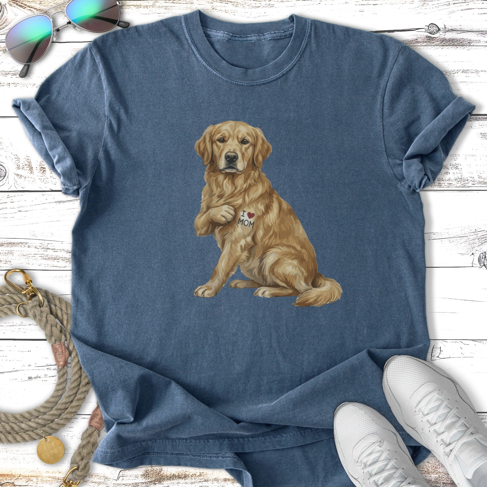 Blue t-shirt with golden retriever puppy wearing "I <3 MOM" necklace.