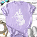 German Shepherd dog head outline printed on a purple t-shirt.
