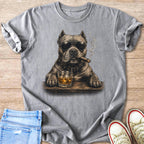 T-shirt graphic of a pit bull wearing sunglasses, smoking a cigar, and holding whiskey.