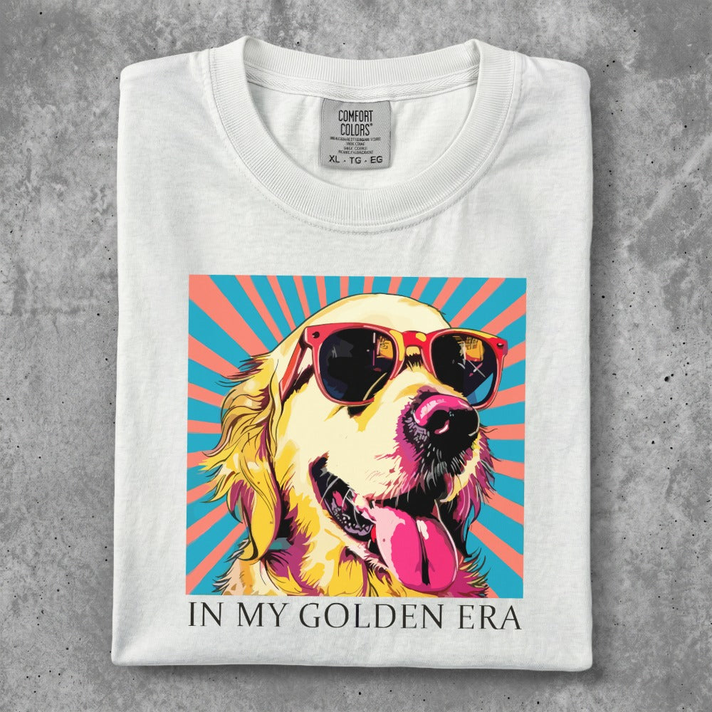 White t-shirt with golden retriever wearing sunglasses and "IN MY GOLDEN ERA" text.