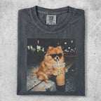 Pomeranian dog wearing sunglasses, holding a coffee drink.