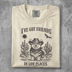Cream t-shirt with "I've Got Friends in Low Places" text and cowboy corgi graphic.