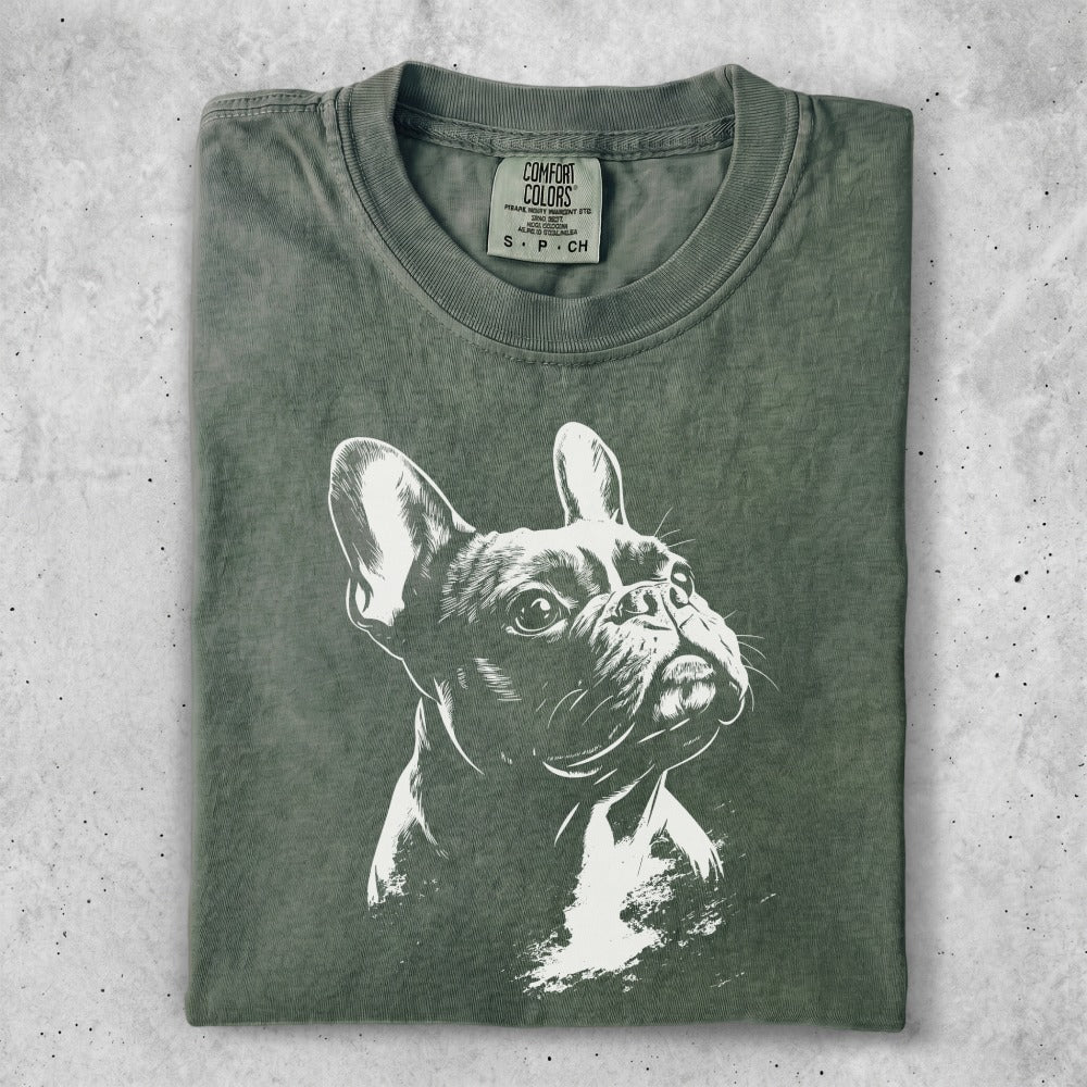 French bulldog illustration on a green comfort colors t-shirt.