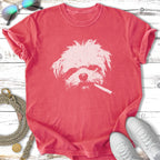 White dog with cigarette on red t-shirt, with sunglasses and shoes.