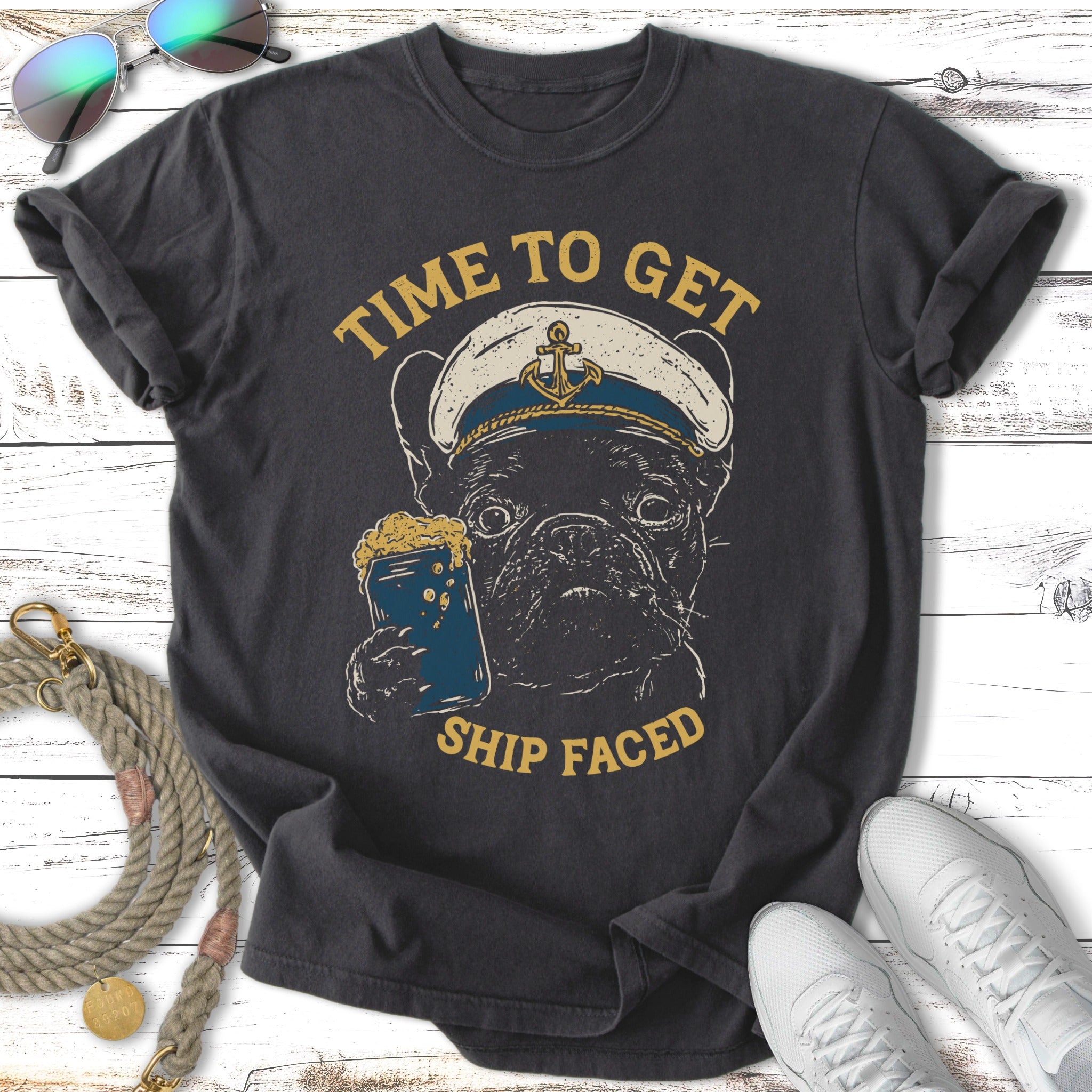 Black t-shirt with a French bulldog wearing a captain's hat, holding a beer, text "Time to get Ship Faced".