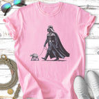 Darth Vader walks an AT-ST on a leash, pink t-shirt.