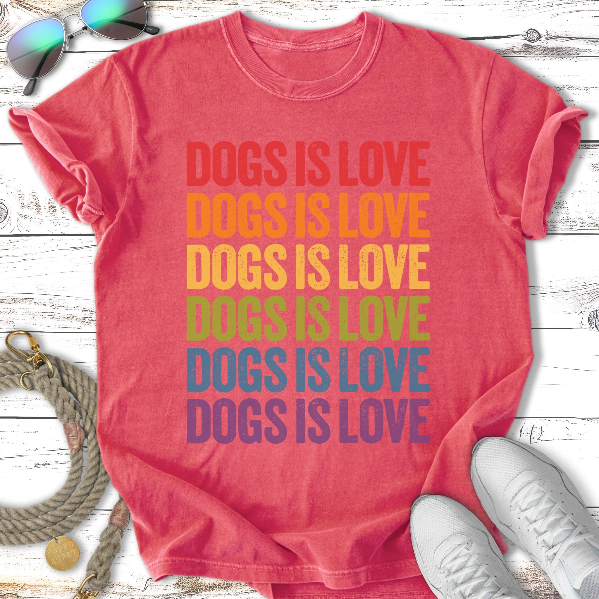 Red t-shirt with rainbow "DOGS IS LOVE" text.
