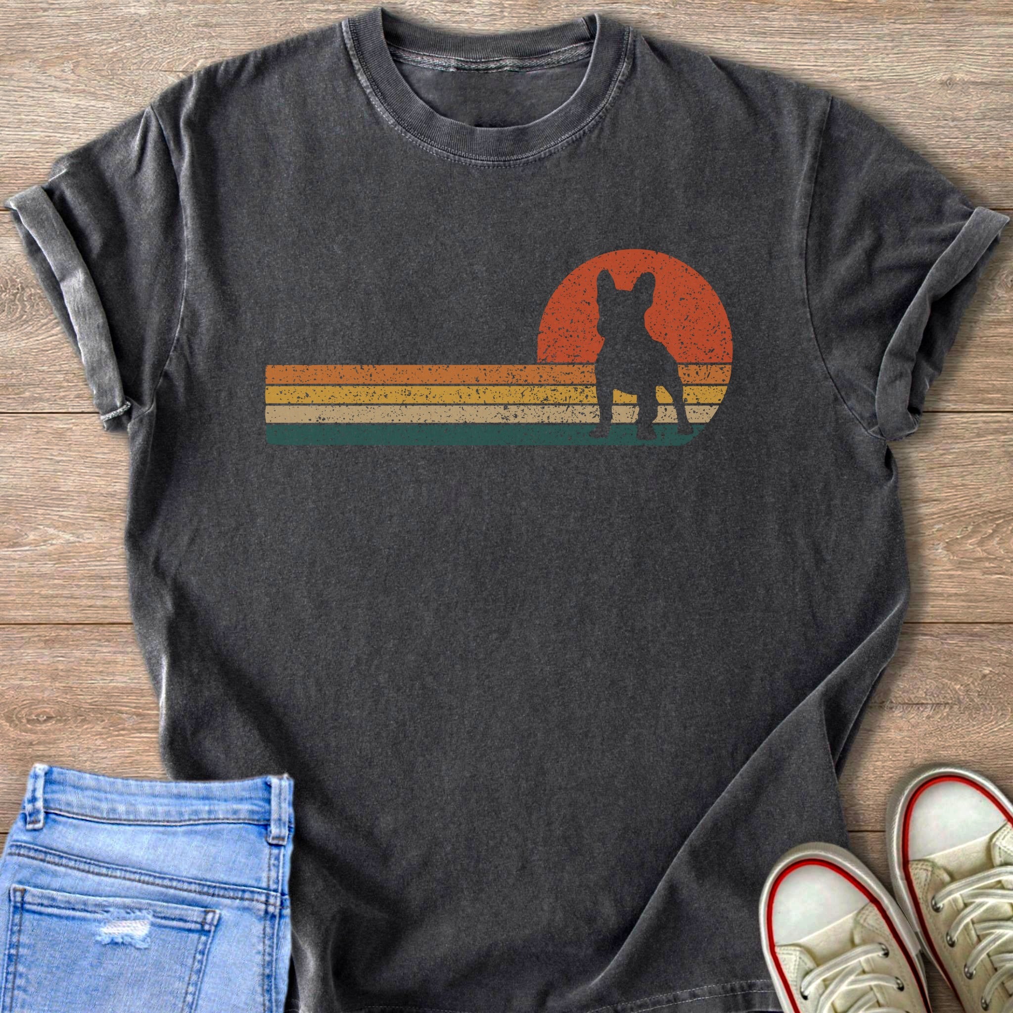 Dark grey t-shirt with a black French bulldog silhouette over a vintage sunset with stripes.