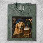 Golden retriever wearing a blue cap pouring beer into a mug.