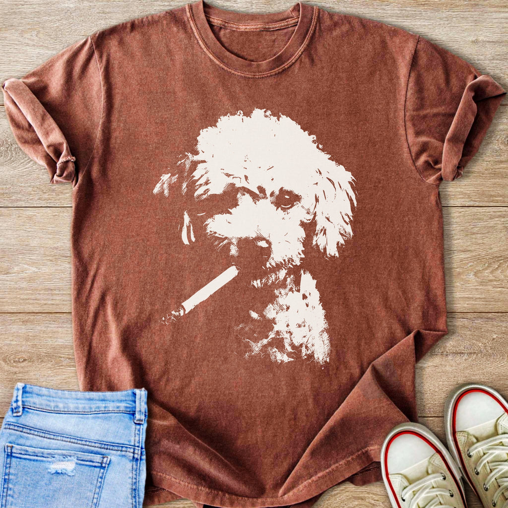 Brown t-shirt with a cream graphic of a dog holding a cigarette in its mouth.
