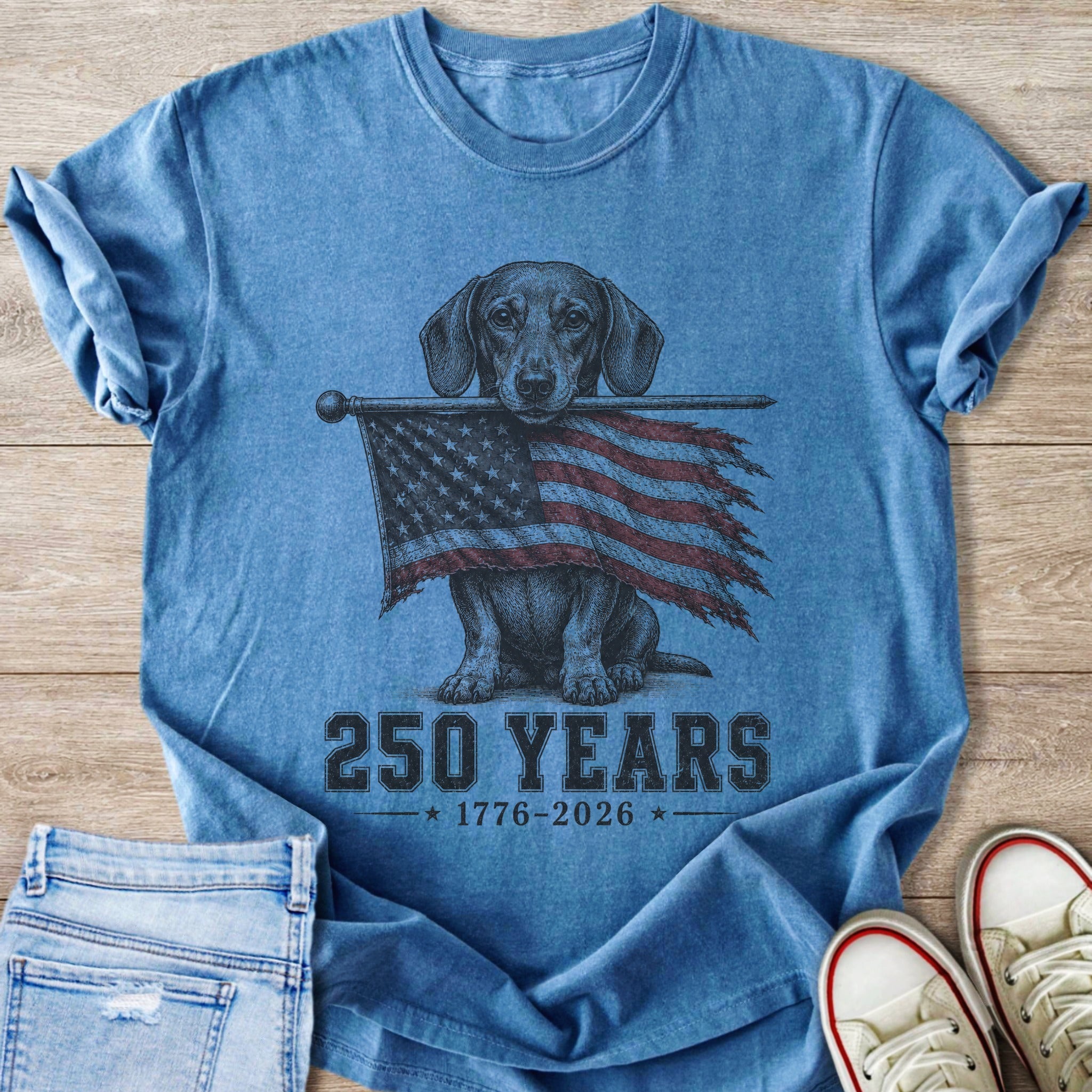 Blue t-shirt with a dachshund holding an American flag and text "250 YEARS 1776-2026".