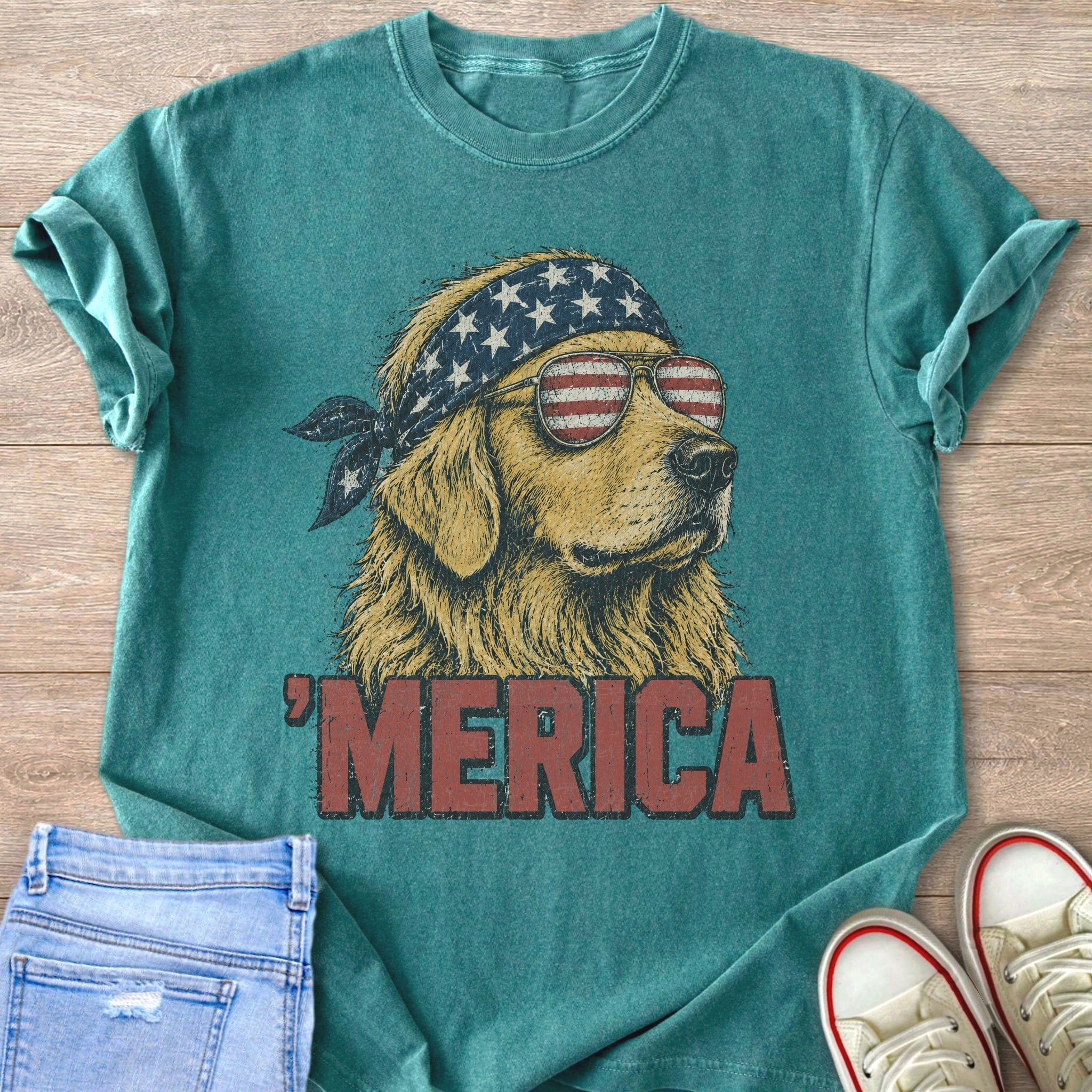 Golden retriever wearing bandana and flag sunglasses, with "MERICA" text.