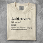 Labtrovert definition t-shirt on beige background.