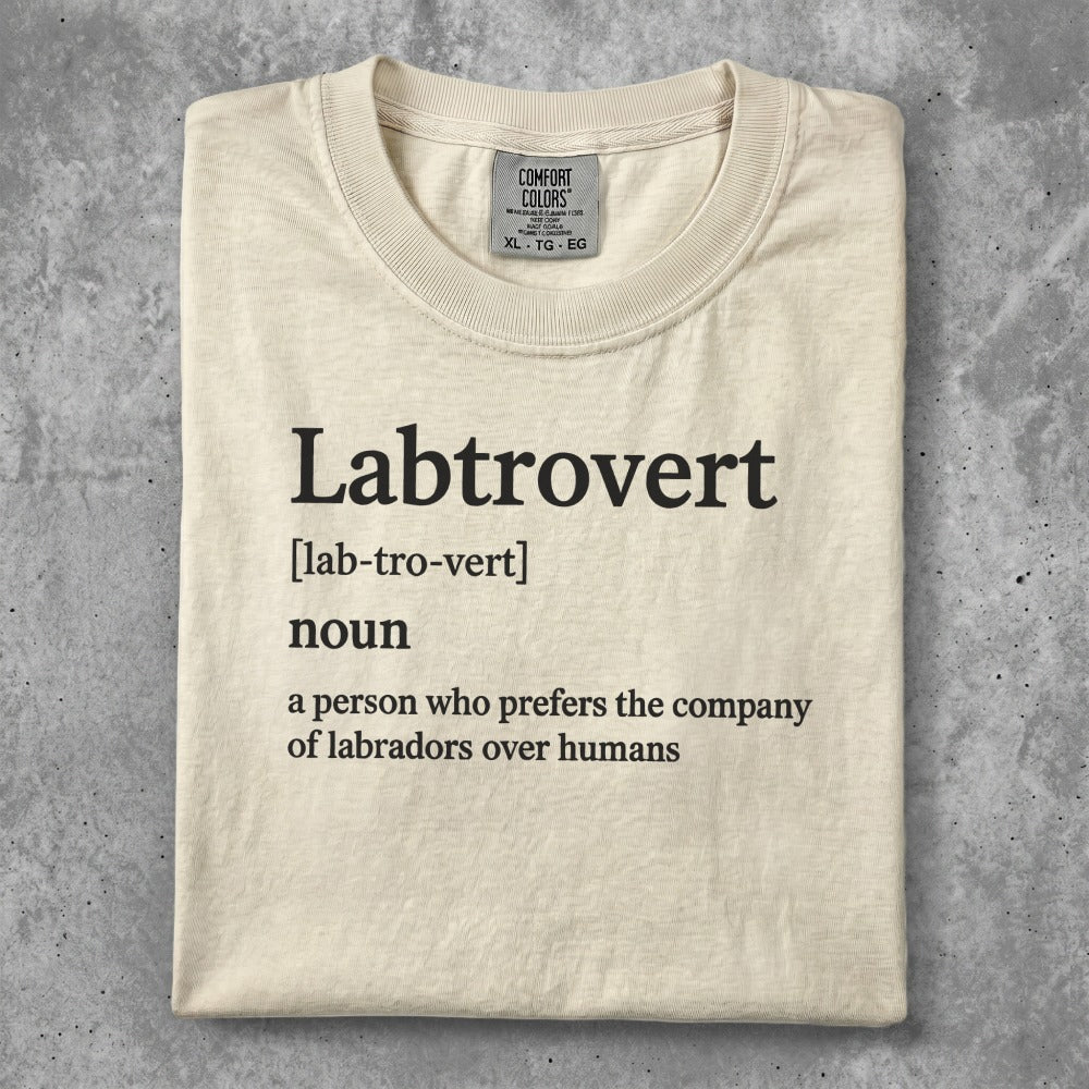 Labtrovert definition t-shirt on beige background.